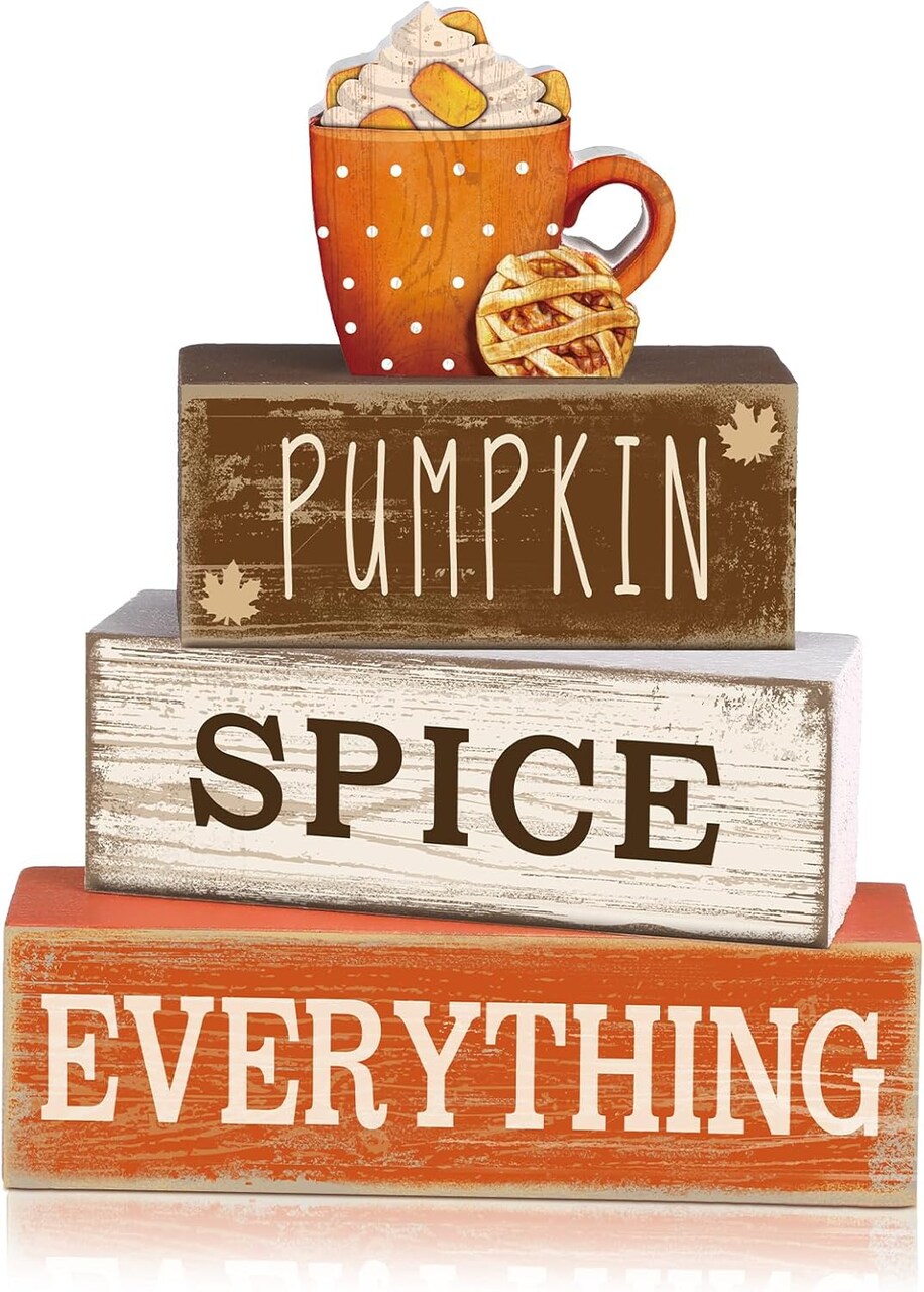 4PCS Wooden Fall Cup Tabletop Decor – Rustic Autumn Tiered Tray & Thanksgiving Centerpiece, Farmhouse Block Signs for Harvest Party & Home Kitchen Decoration
